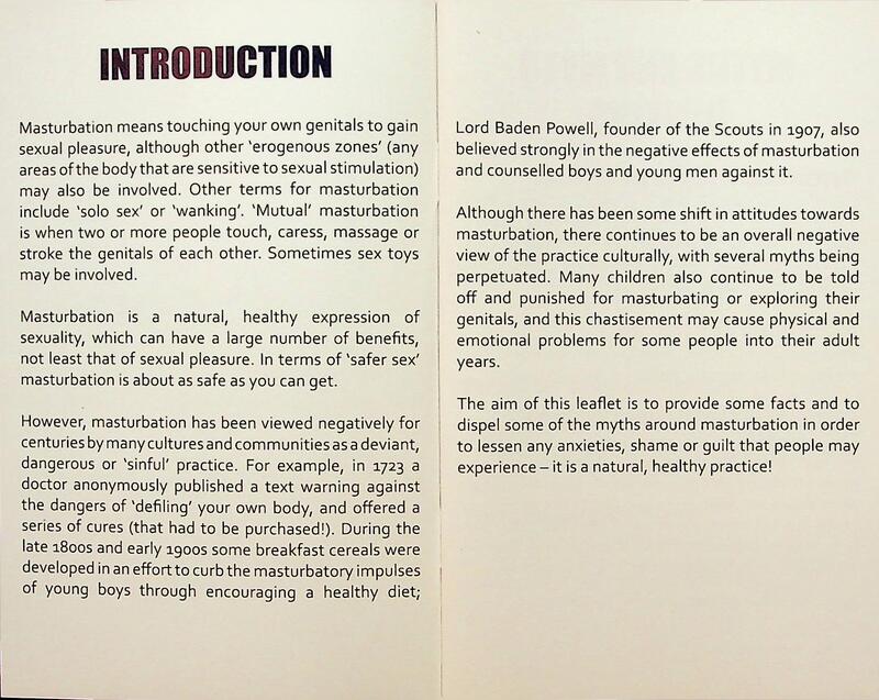 Introduction of the booklet contains black font on white background, describing the history of  the stigmatisation of masturbation and the purpose of the document in combatting this.